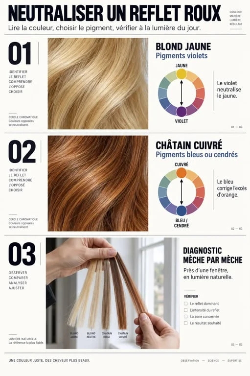 Neutraliser reflet roux naturellement selon la base et la couleur du reflet