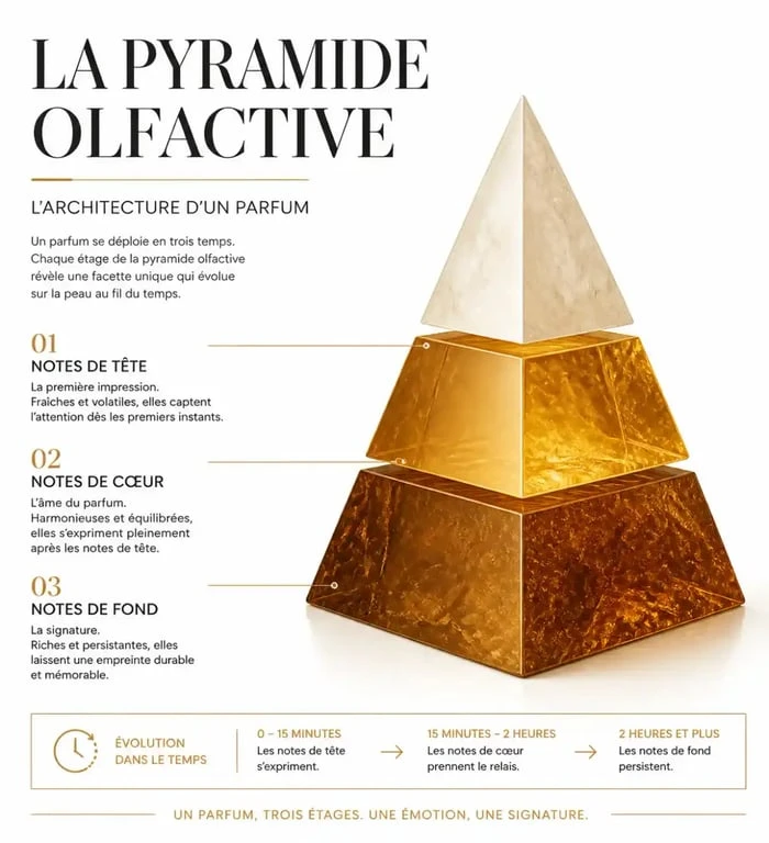 Pyramide olfactive pour comprendre l'évolution d'un parfum Lattafa