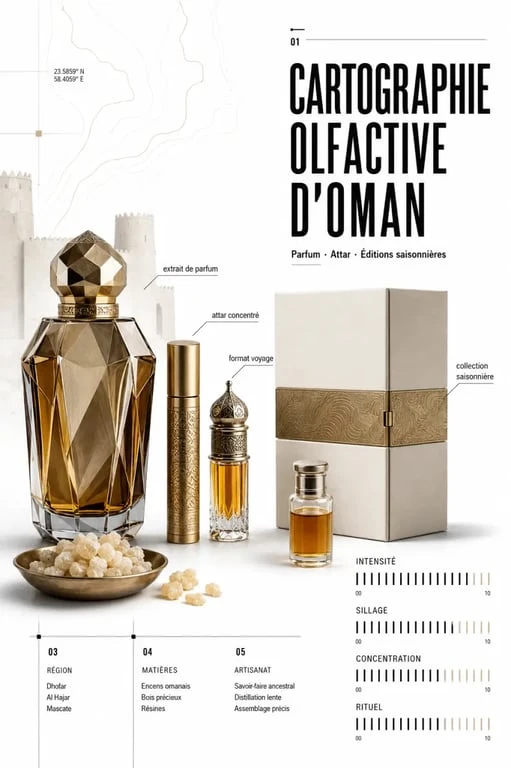 Amouage parfum dans un visuel éditorial premium avec flacons de luxe et ambiance inspirée d’Oman