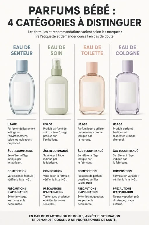Infographie sur les différents types de parfum bébé et leurs précautions d’usage