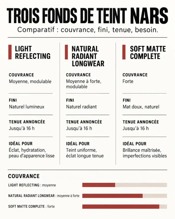 Comparaison des trois fonds de teint NARS selon la couvrance, le fini et la tenue