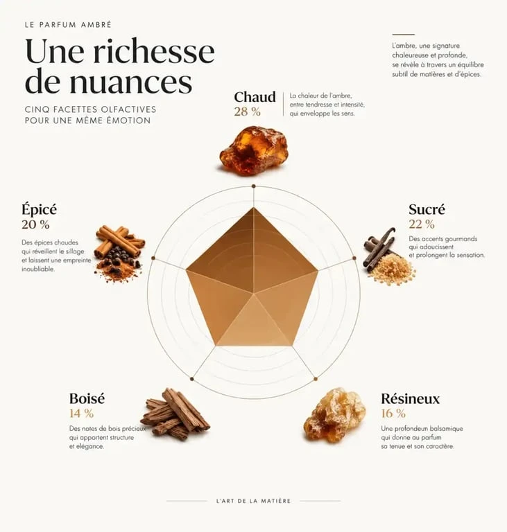 Facettes olfactives d'un parfum ambré représentées en infographie éditoriale