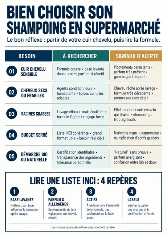 Infographie pour choisir le meilleur shampoing supermarché selon son type de cheveux et sa composition