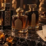 Lattafa parfum : flacons ambrés sur marbre sombre