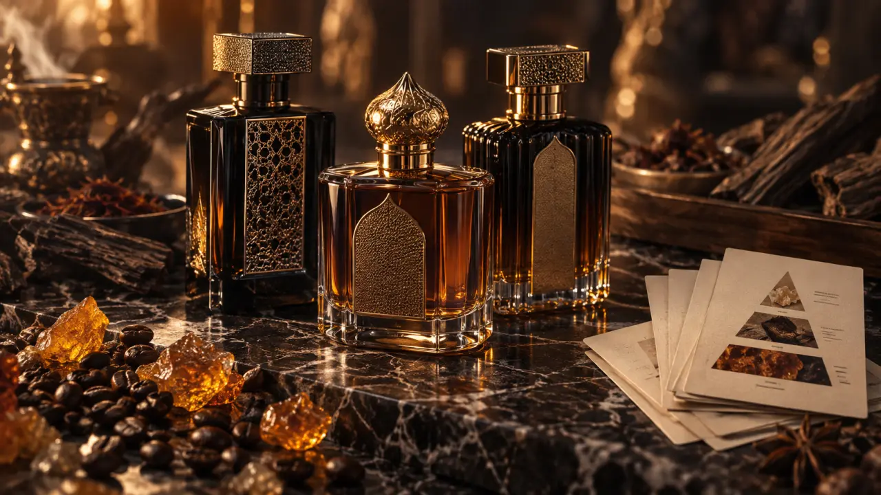Lattafa parfum : flacons ambrés sur marbre sombre