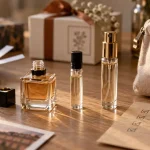 Miniature parfum : flacons de voyage, trousse et carte kraft sur table