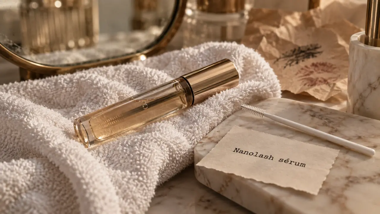 Nanolash serum cils : flacon translucide et micro-brosse près du maquillage