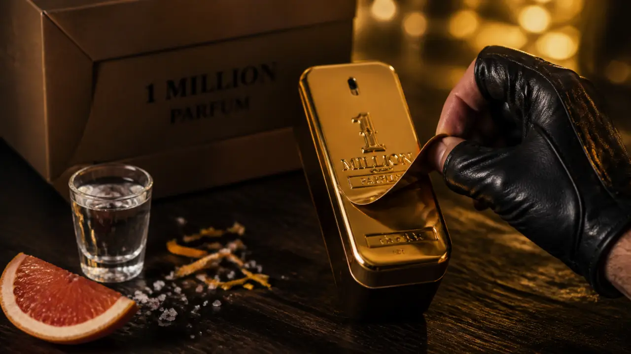 One in a million parfum : flacon 1 Million Parfum doré, peau et cuir, notes marines
