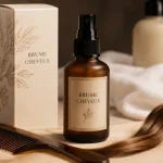 Parfum cheveux : brume capillaire en flacon ambre, peigne et mèche de cheveux