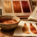 Roux cheveux : brosse, mèches cuivrées et échantillons de teintes