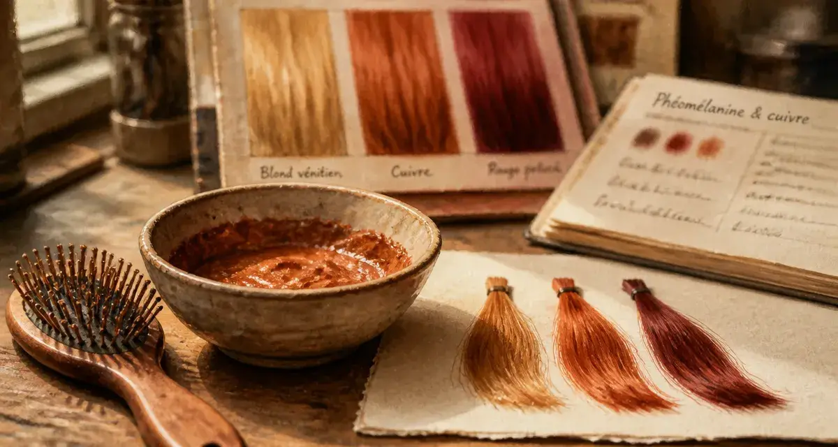 Roux cheveux : brosse, mèches cuivrées et échantillons de teintes