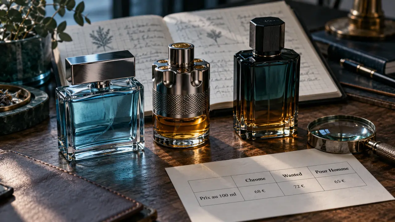 Azzaro parfum Chrome et Wanted, flacons sur table