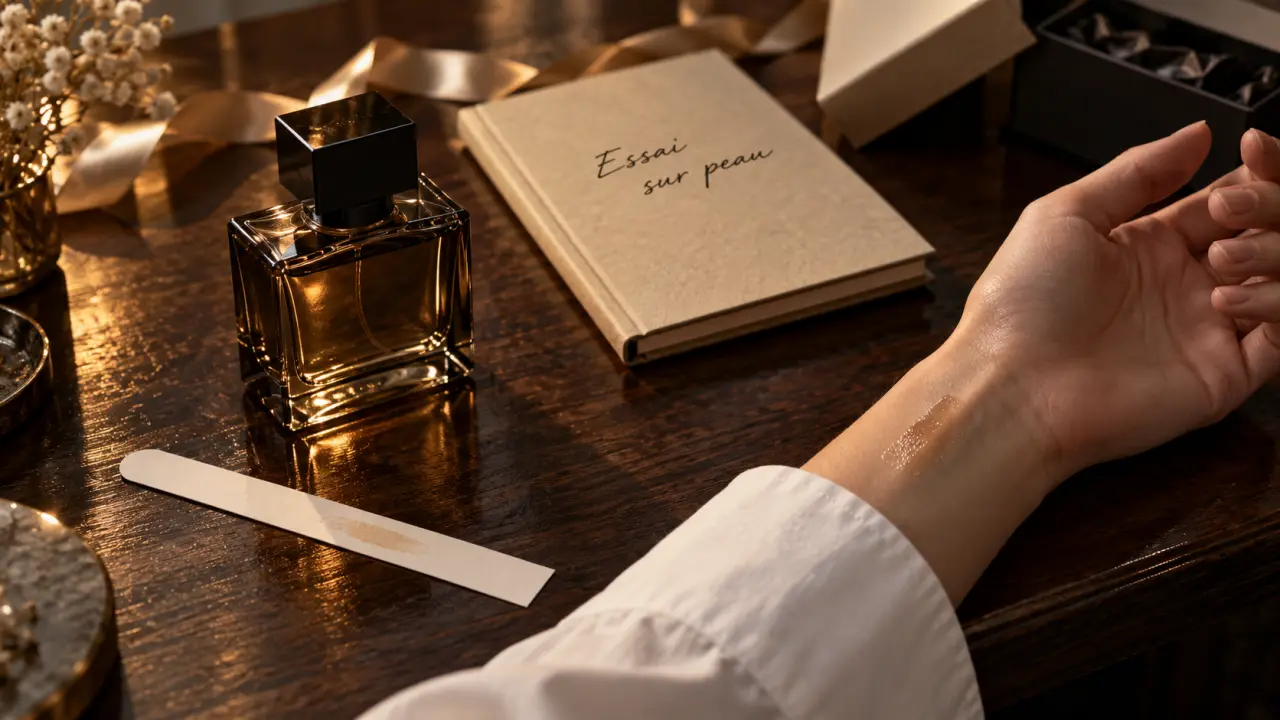 Creed parfum, essai sur peau avec flacon et échantillon