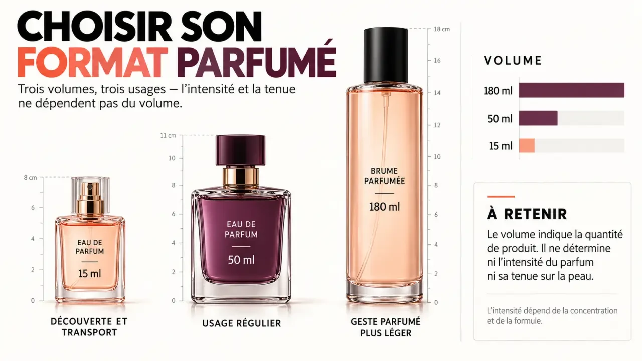 Solinotes parfum : comparaison visuelle des formats 15 ml, 50 ml et 180 ml