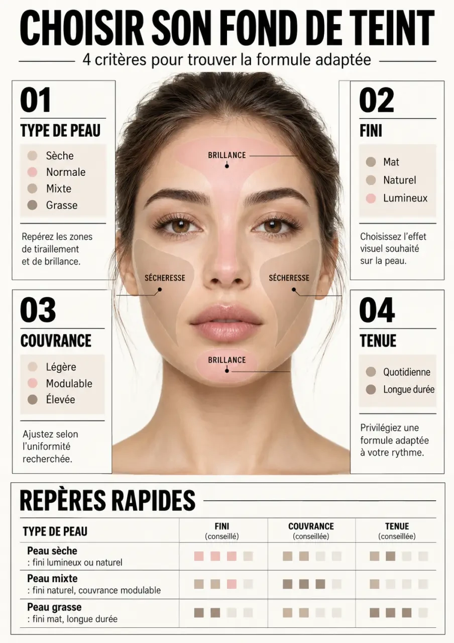 Infographie pour choisir un fond de teint Maybelline selon le type de peau, le fini et la couvrance
