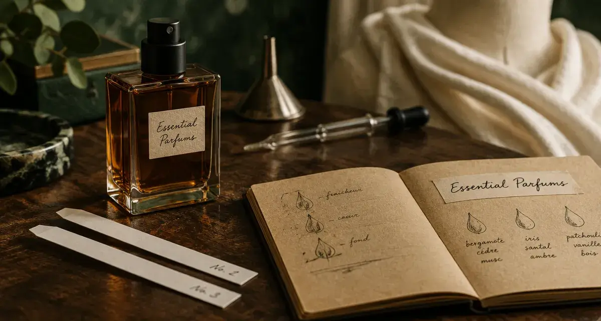 Essentielle parfum Essential Parfums : huiles essentielles sur table en bois