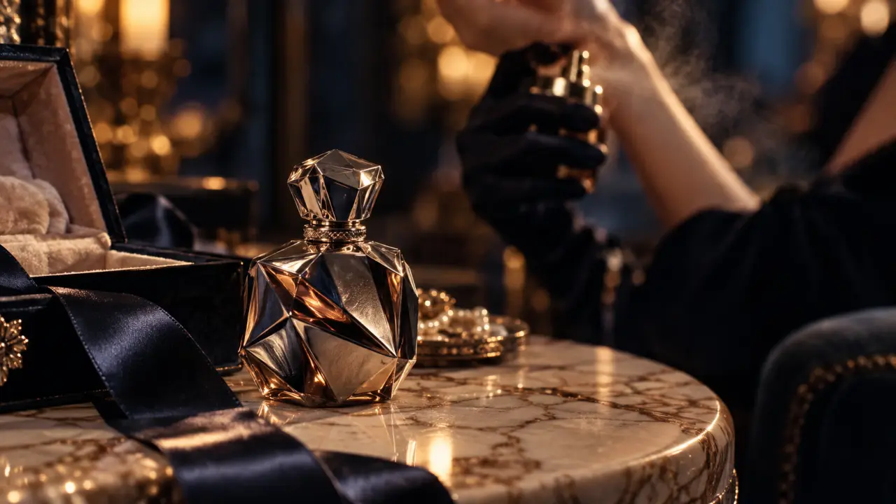 Fame parfum Rabanne : gros plan flacon bijou sur marbre ivoire