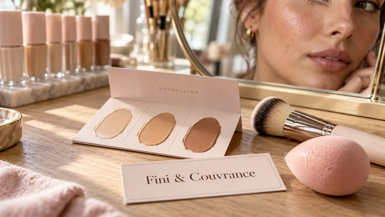 Fond de teint Maybelline sur table maquillage, fini naturel sans effet masque