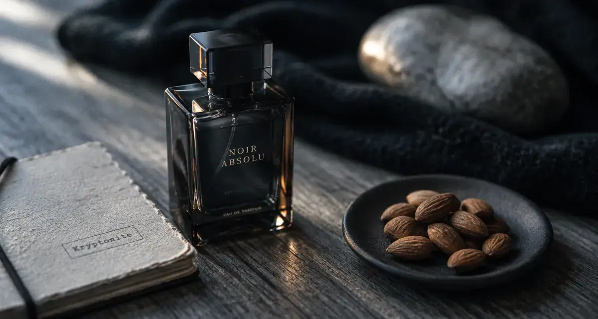 kryptonite parfum unisexe au verre fumé sur table en bois