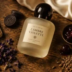 Lolita lempicka parfum : flacon, réglisse et violette sur table en bois