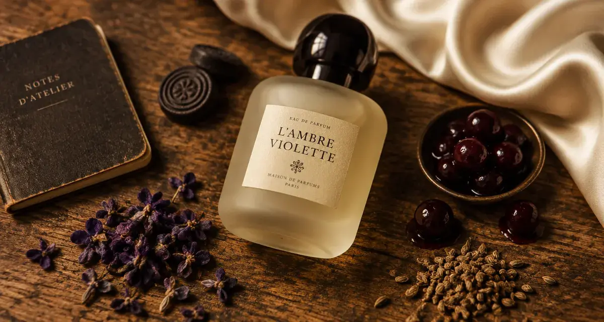 Lolita lempicka parfum : flacon, réglisse et violette sur table en bois