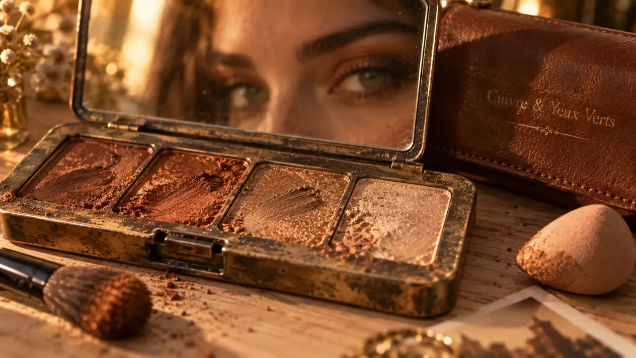Maquillage rousse aux yeux verts : cuivre et bronze, gros plan palette